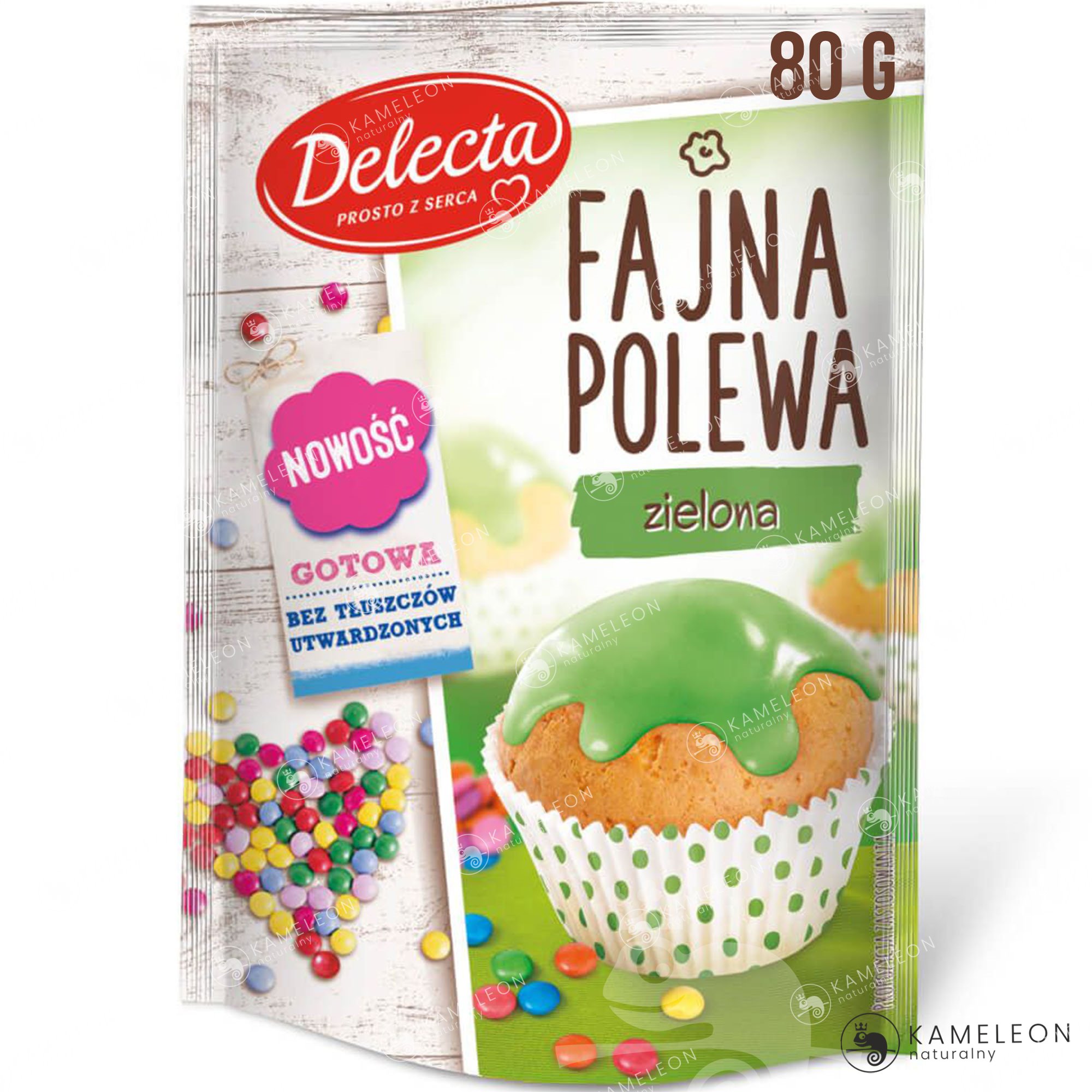 Delecta FAJNA POLEWA ZIELONA dekoracja ciasta 80g EAN (GTIN) 5900983124104