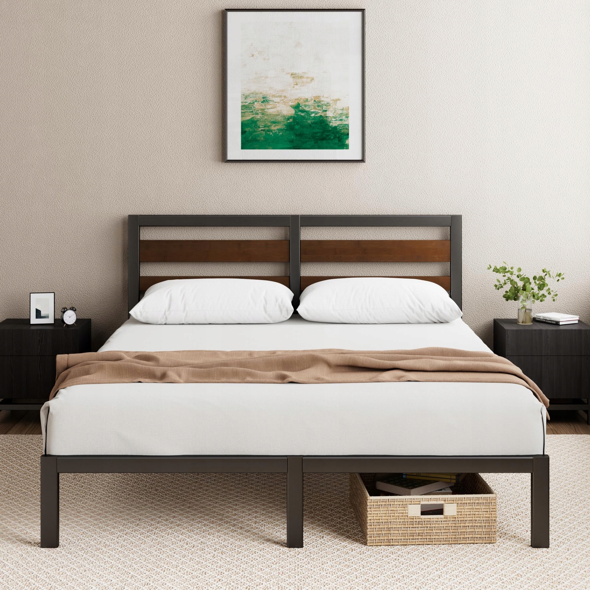 Zinus Kai rám postele 140 x 200 cm, černá/hnědá, s bambusovým čelem