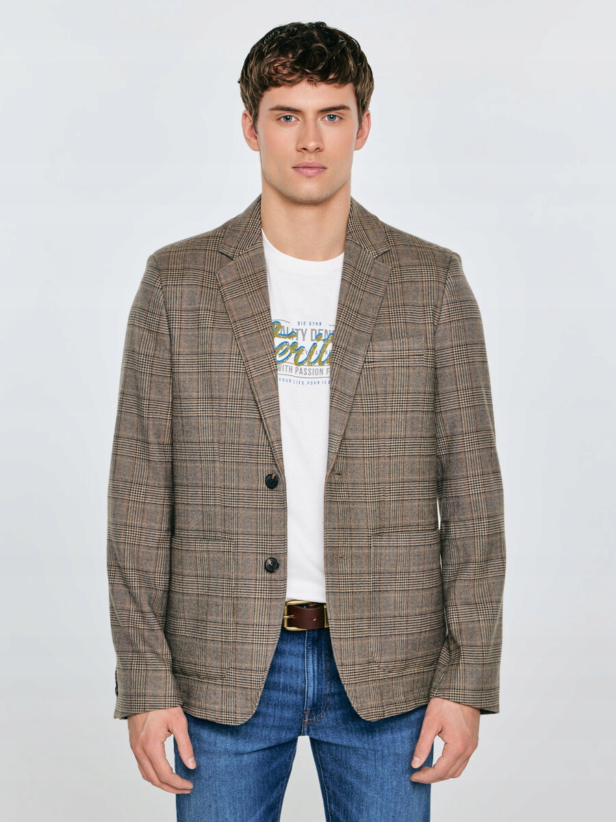 Big Star Sako s příměsí kostkované vlny hnědé Branson 803 L