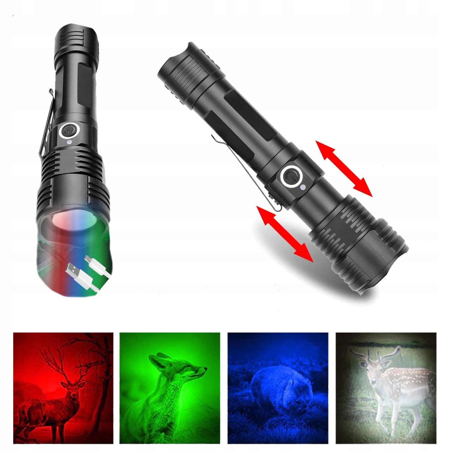 Latarka myśliwska taktyczna na zwierzynę 4-KOLORY 4-LED Usb Uv Red LT5