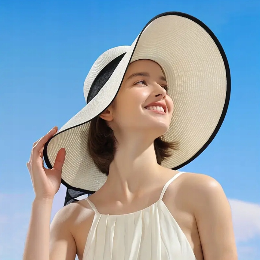 KAPELUSZ DAMSKI PLAŻOWY DUŻE RONDO KOKARDA KOLORY Wzór dominujący paski