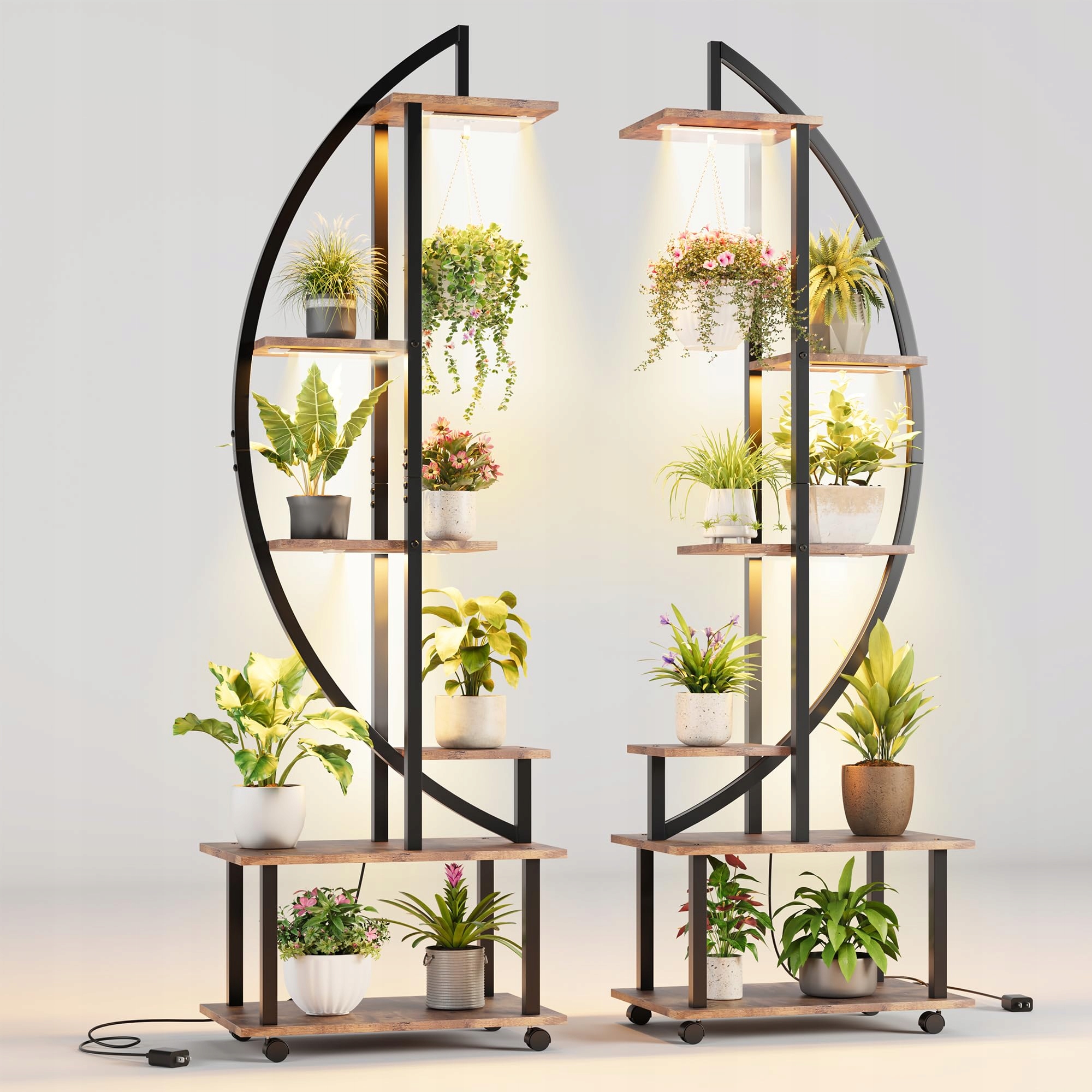 6patrové Stojany na Květiny s Pěstebním Světlem a Kolečky, 2 ks, Tygří Dřevo