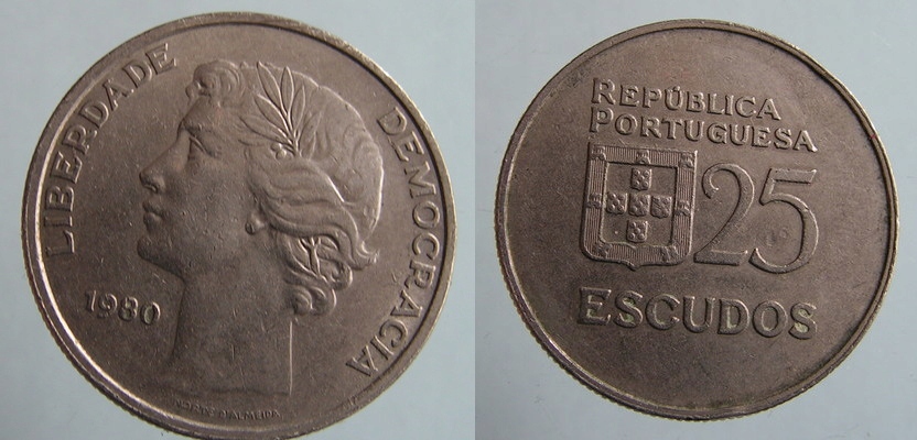 7423. PORTUGALIA,, 25 ESCUDOS 1980, 29mm