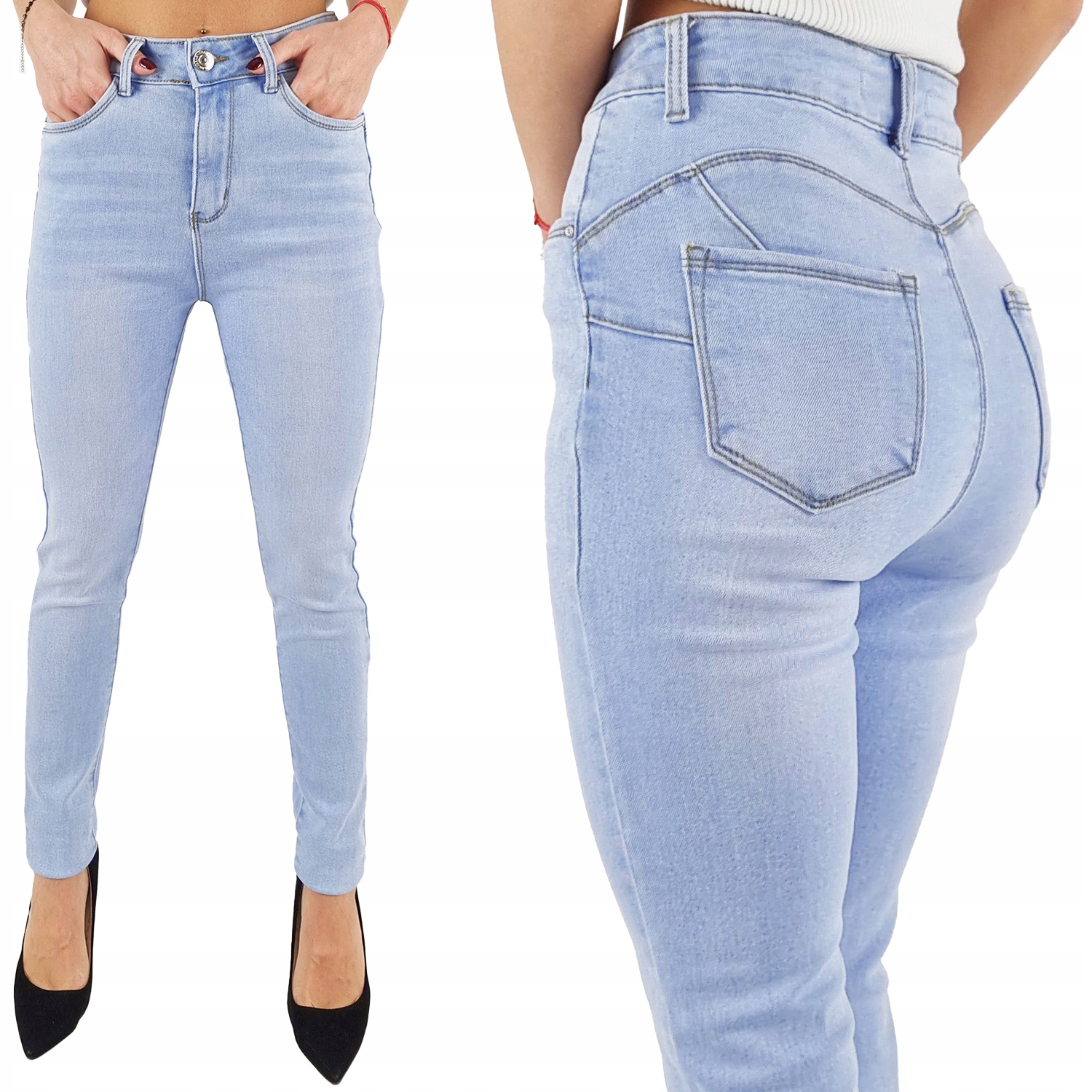 Modne Damskie Spodnie Jeansowe Rurki Push-Up Blue