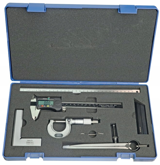 Sada Měřicích Nástrojů 6 Ks Mikrometr 0-25 Úhelník Posuvné Měřítko