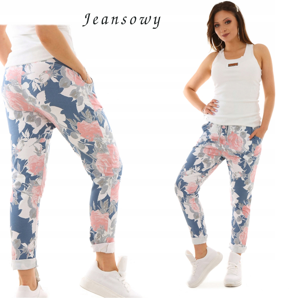 F443 Wygodne SPODNIE DRESOWE w KWIATY r.S/M Model F443