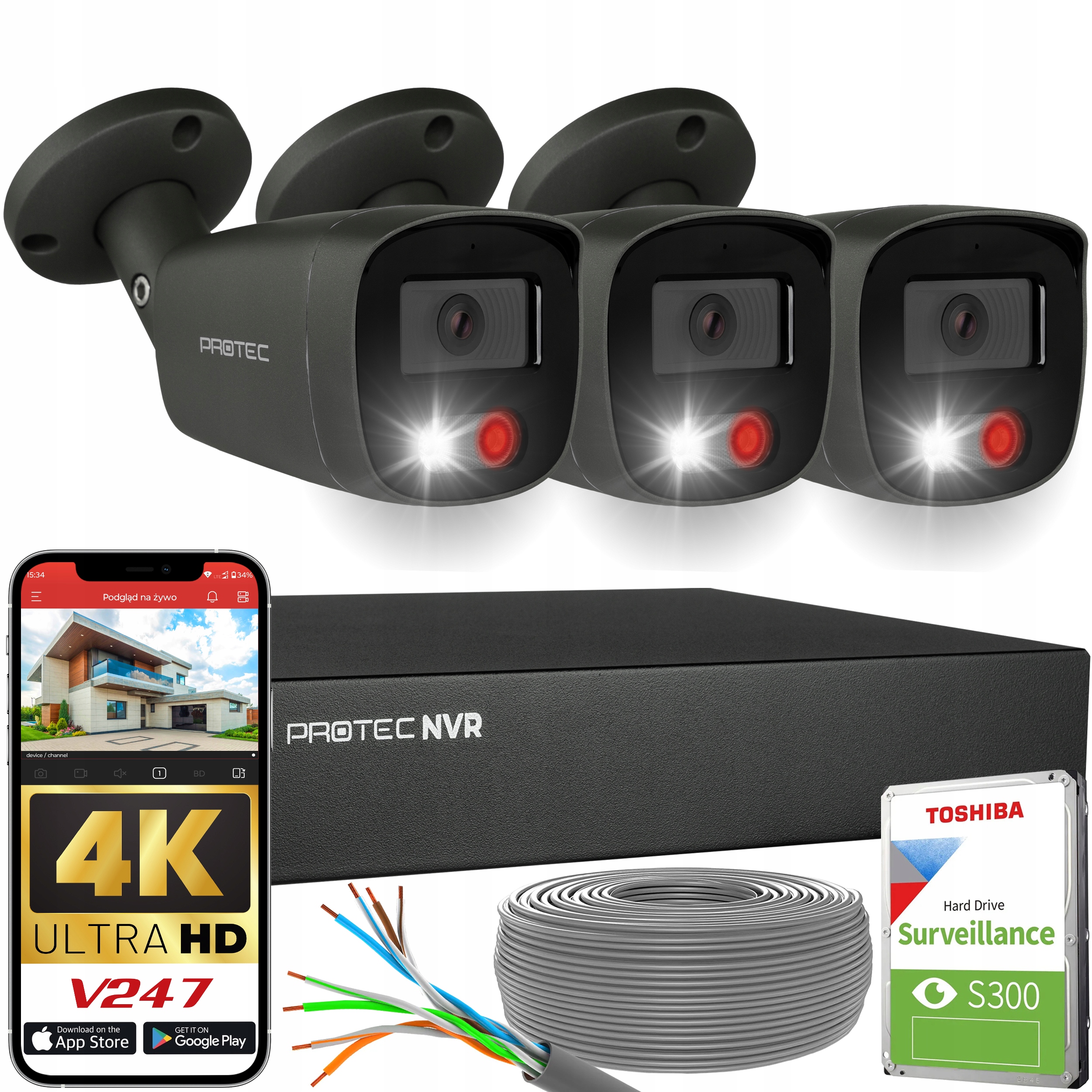 Zestaw do monitoringu 3 kamery grafitowe Ip PoE 8Mpx 4K Hdd 1TB Zewnętrzna