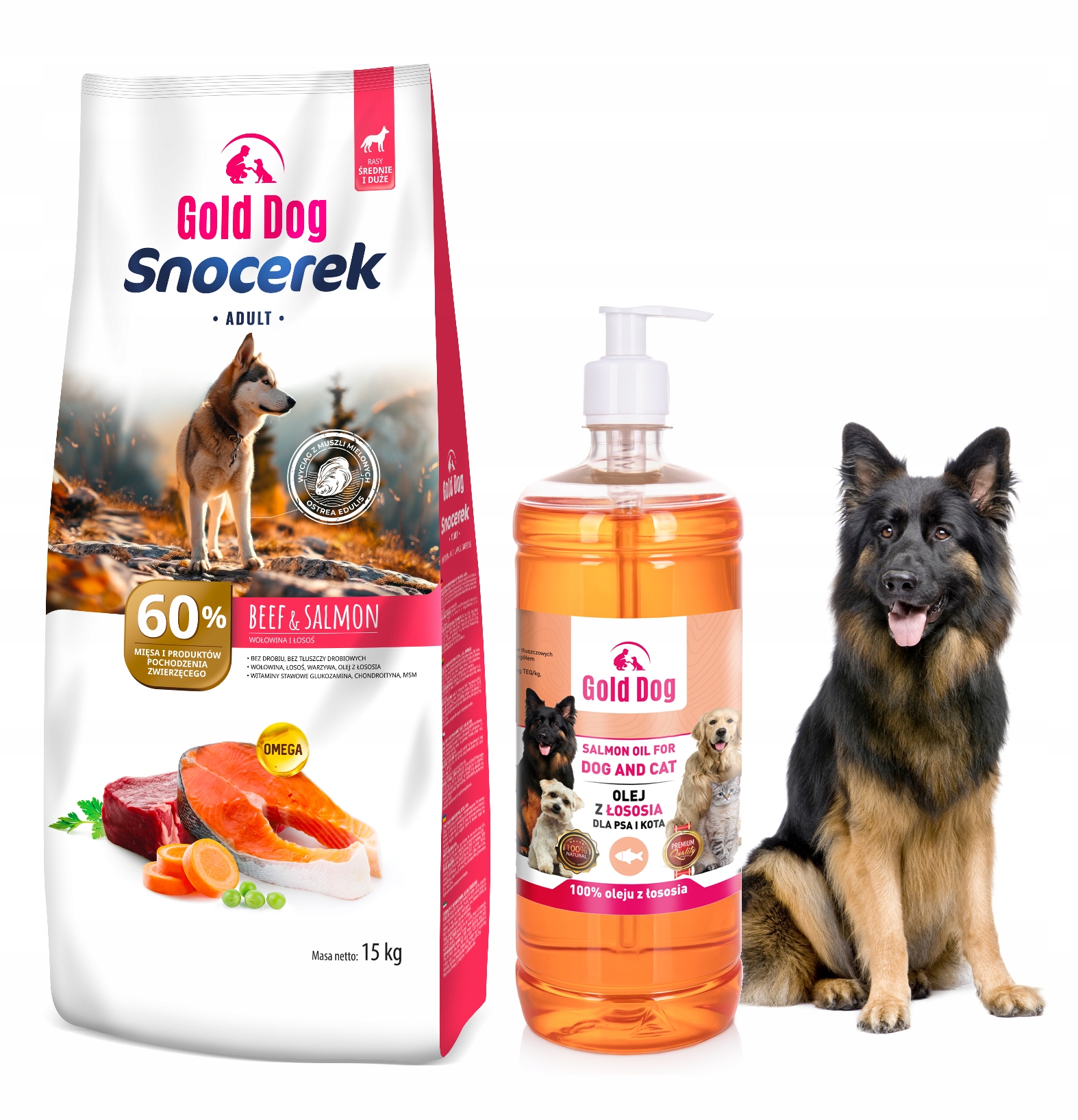 Levně Krmivo pro ovčáka Gold dog Snocerek 15 kg hovězí 1 l Lososový olej