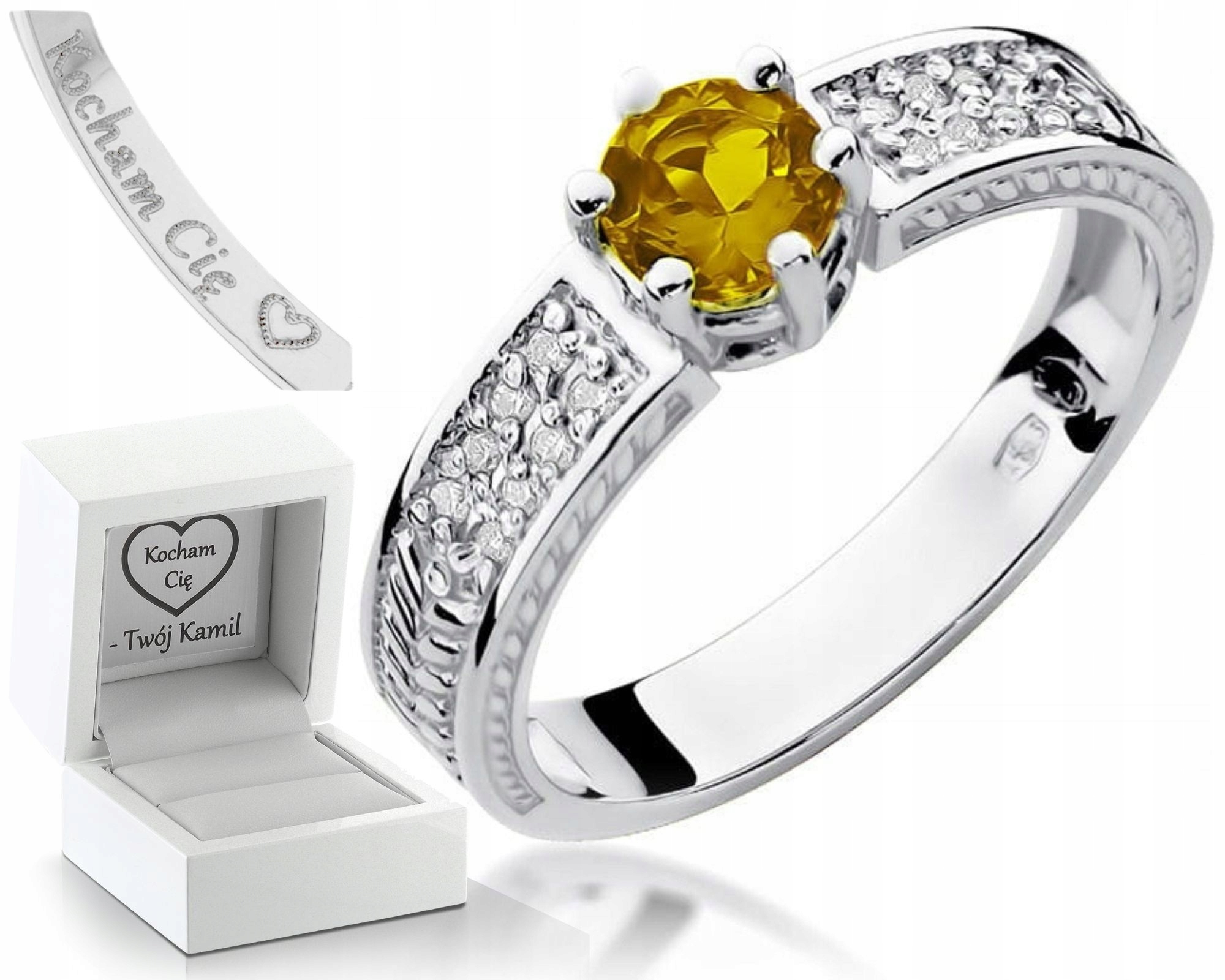 Bílé Zlato Prstýnek Citronový Briliant 585 Gravírování
