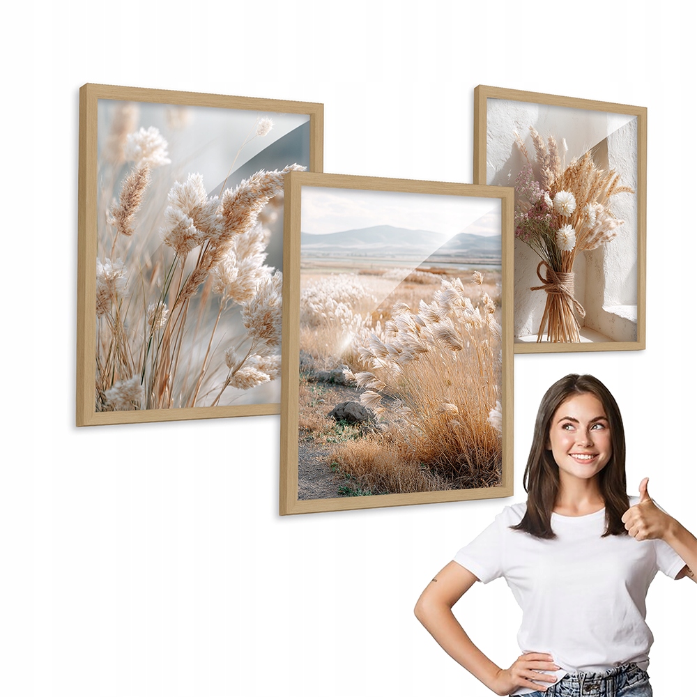 Zestaw 3 obrazów Trawy Pampasowe Boho z drewnianą ramką 30x40 do salonu