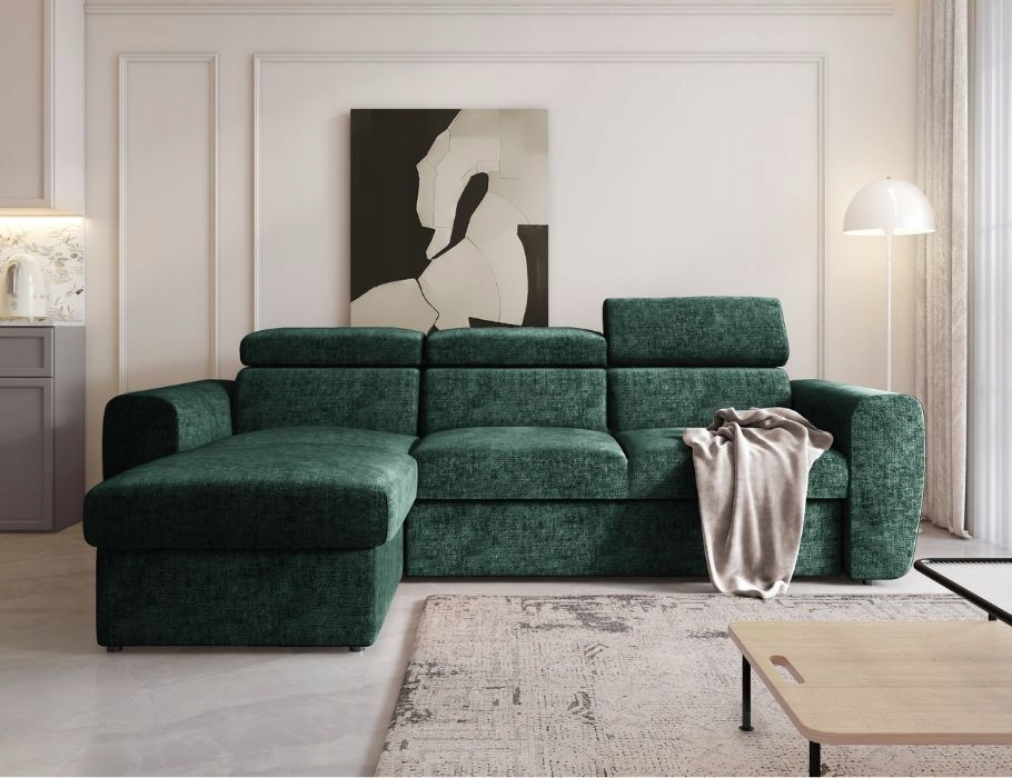 Rohová Sedací Souprava zelená pro každodenní spaní Napoli s velkým úložným prostorem.