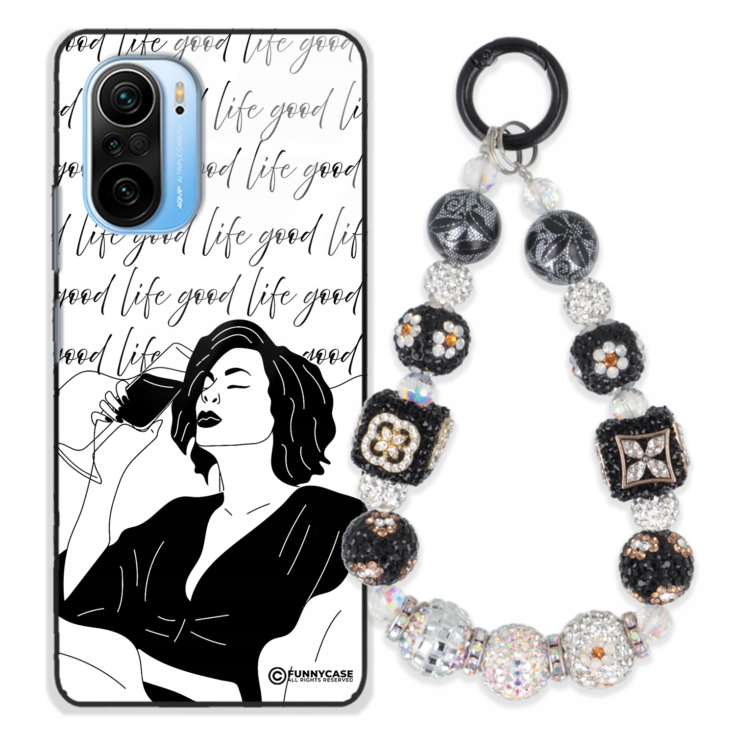 Puzdro Pre Xiaomi Poco F3 Glass Ženské Black&white Kľúčenka Strieborné Zirkóny Wz