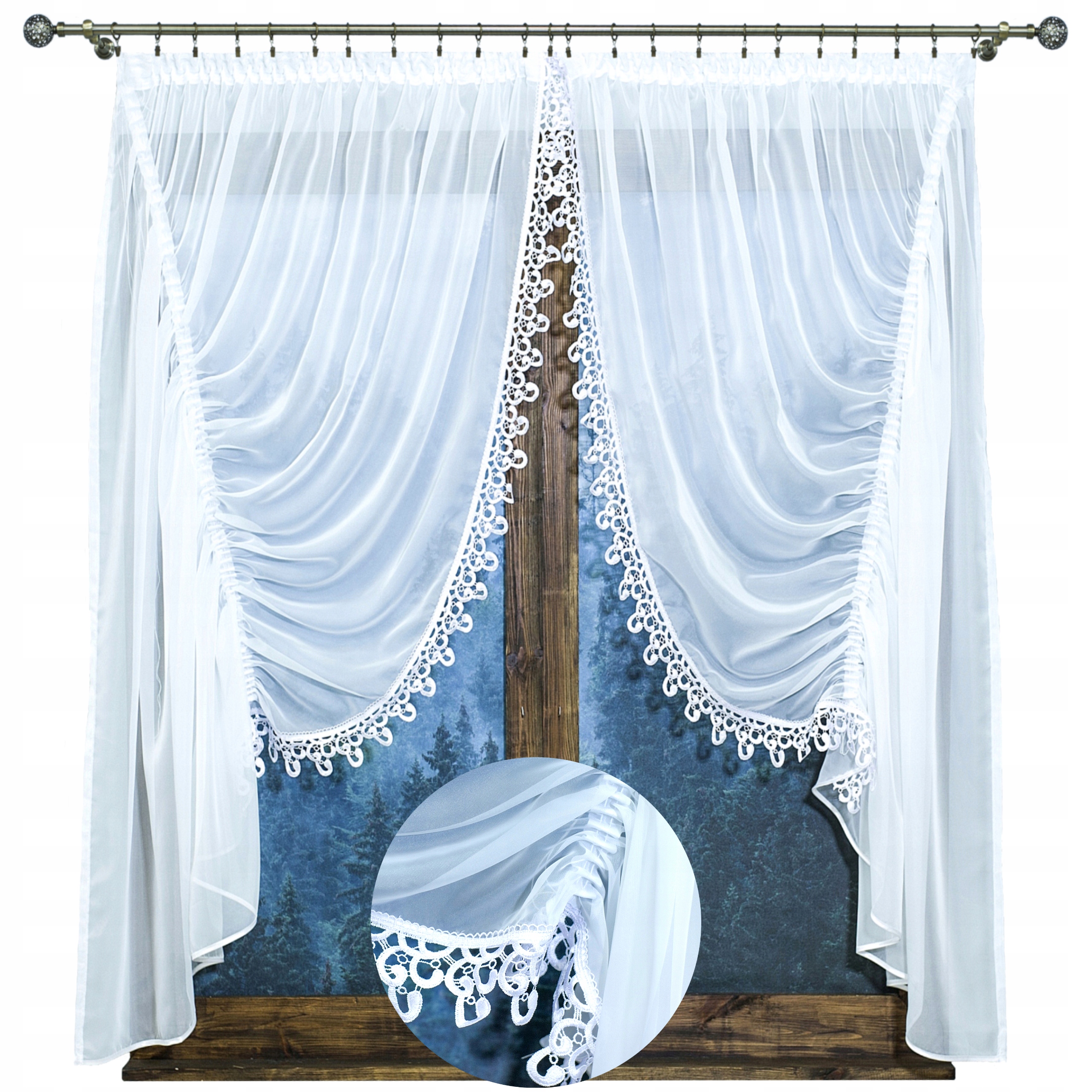 Komplet Záclon Hotová Záclona Guipure Voál Bílá Krajka Páska Žabky 600X180