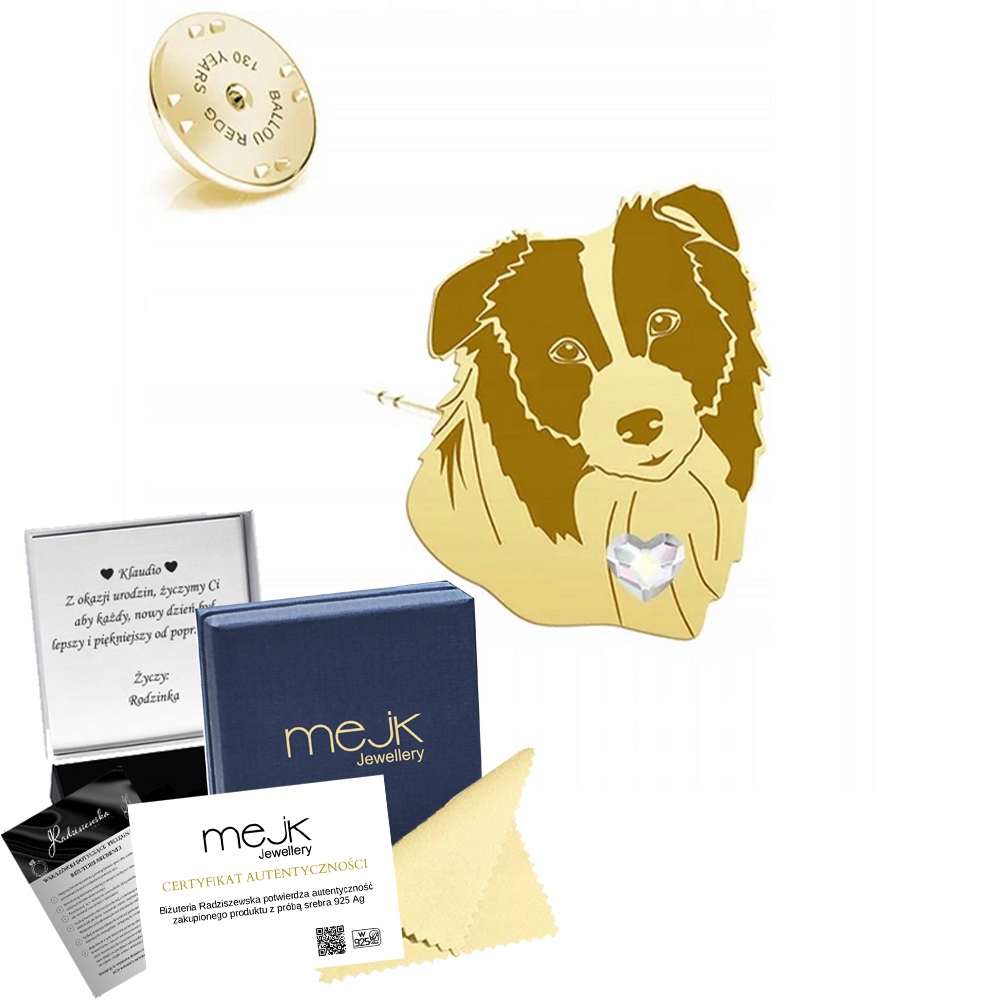 Odznak s psem plemene Border Collie 925 Dárek Žena Dedikace Bonus