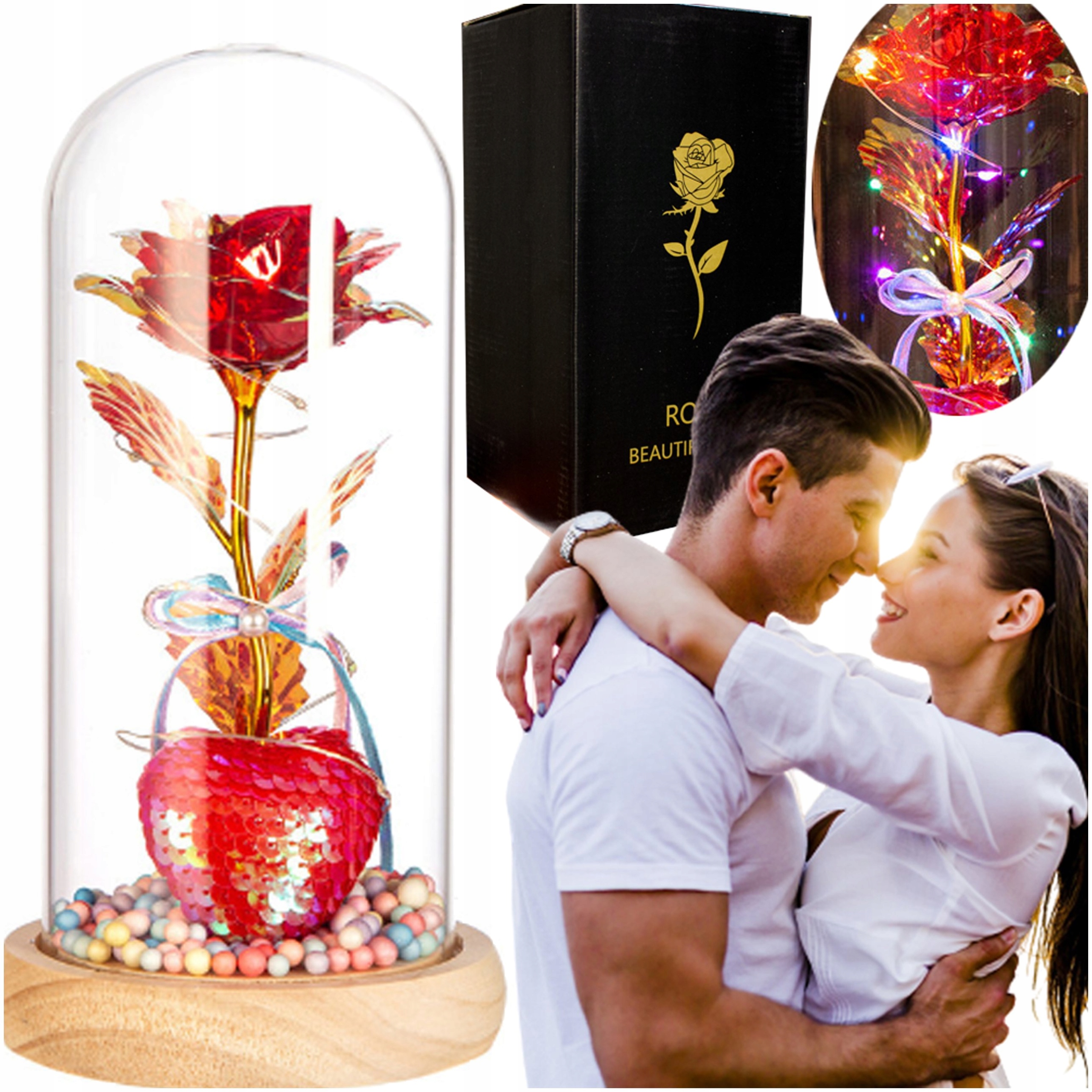 Krásná Umělá Stabilizovaná Růže Ve Skle Srdce Barevné Led dárek Pro Ni