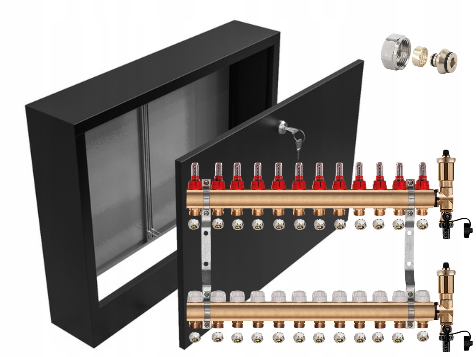 Mosazný Rozdělovač 12 Sekcí Pex Spojky Nástěnná Skříňka Černá