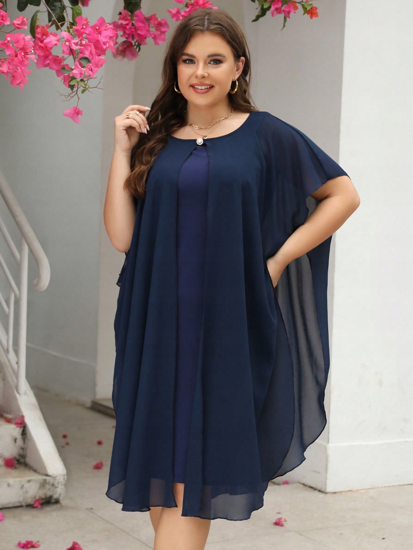 Šaty MIDI Šifonová Tmavě Modrá Vzdušná Elegantní Shein XL 42