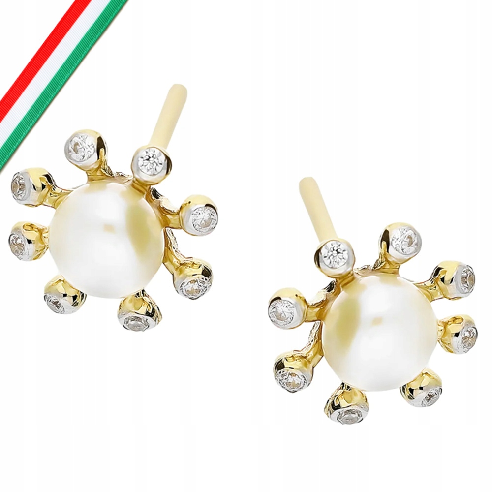 Zlaté náušnice 585 moderní s perlou a zirkony na tyči jako dárek