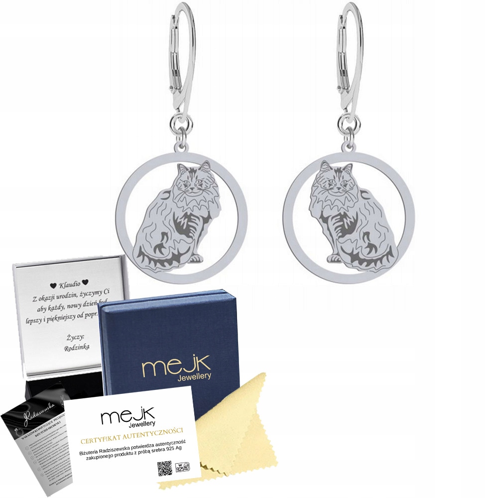 Stříbrné Náušnice Norská lesní kočka 925 Šperky Žena Dárek Gravírování