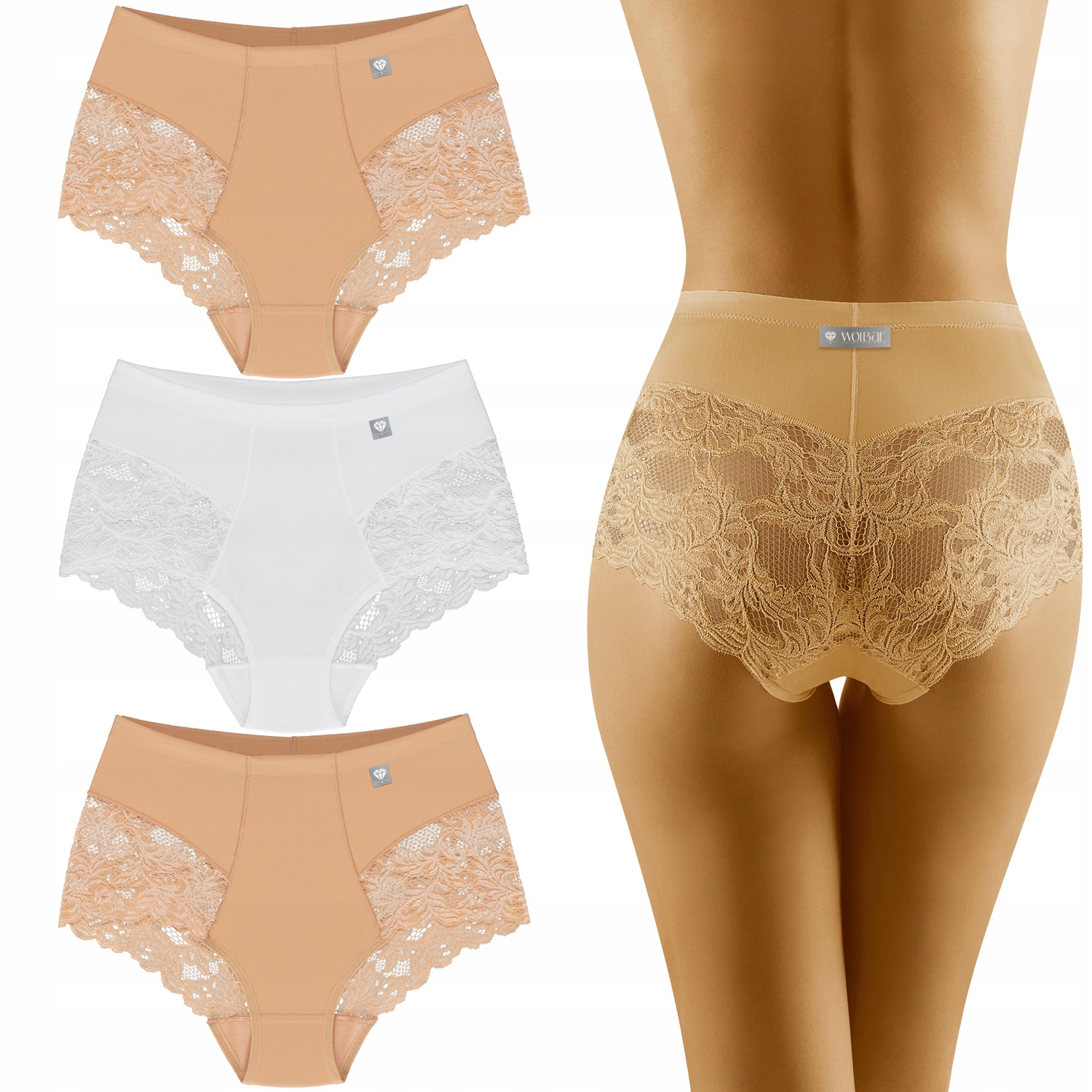 Wolbar 3506 Vysoké kalhotky Kalhotky 3-balení krajky béžová-béžová-bílá XL