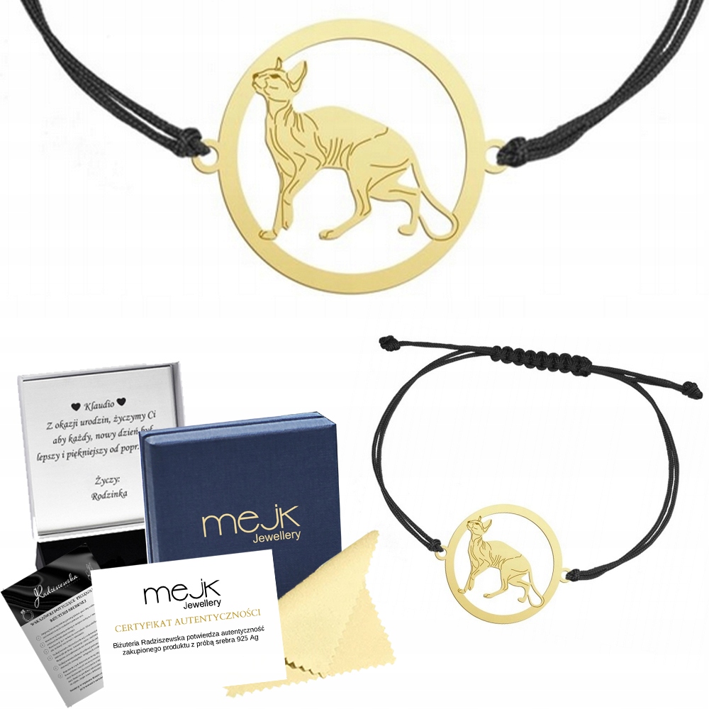 Zlatý náramek s kočkou Peterbald 925 Šňůra Šperky Žena Gravírování