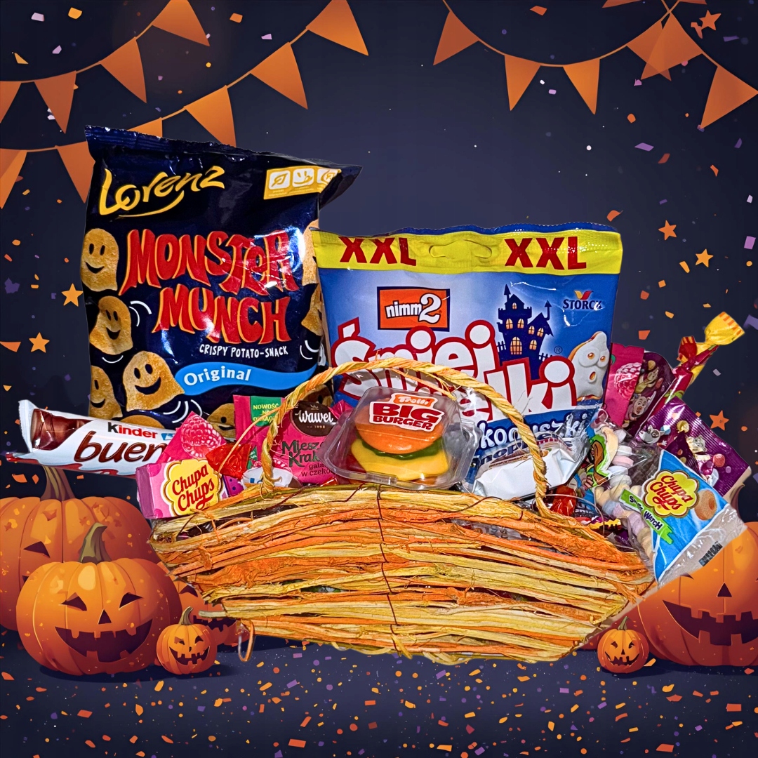 Zestaw Słodyczy na Halloween 2 Koszyk Pełen Smakołyków cukierek psikus