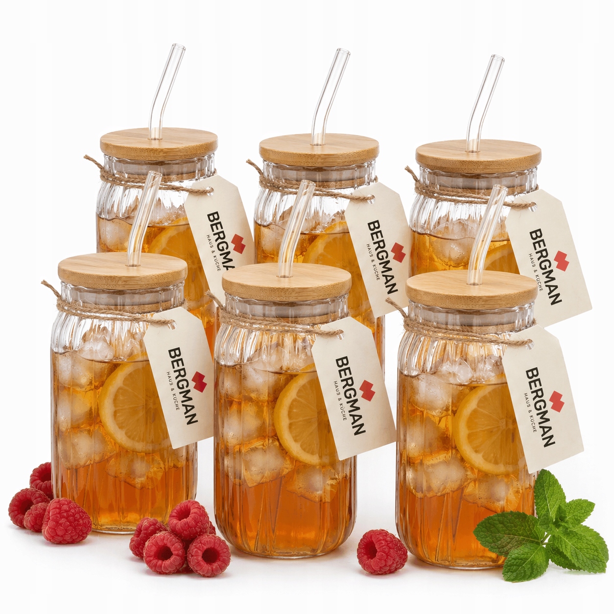 6x Szklanki Ze Słomką 480 ml Ryflowana Bambusowa Pokrywka Do Napojów