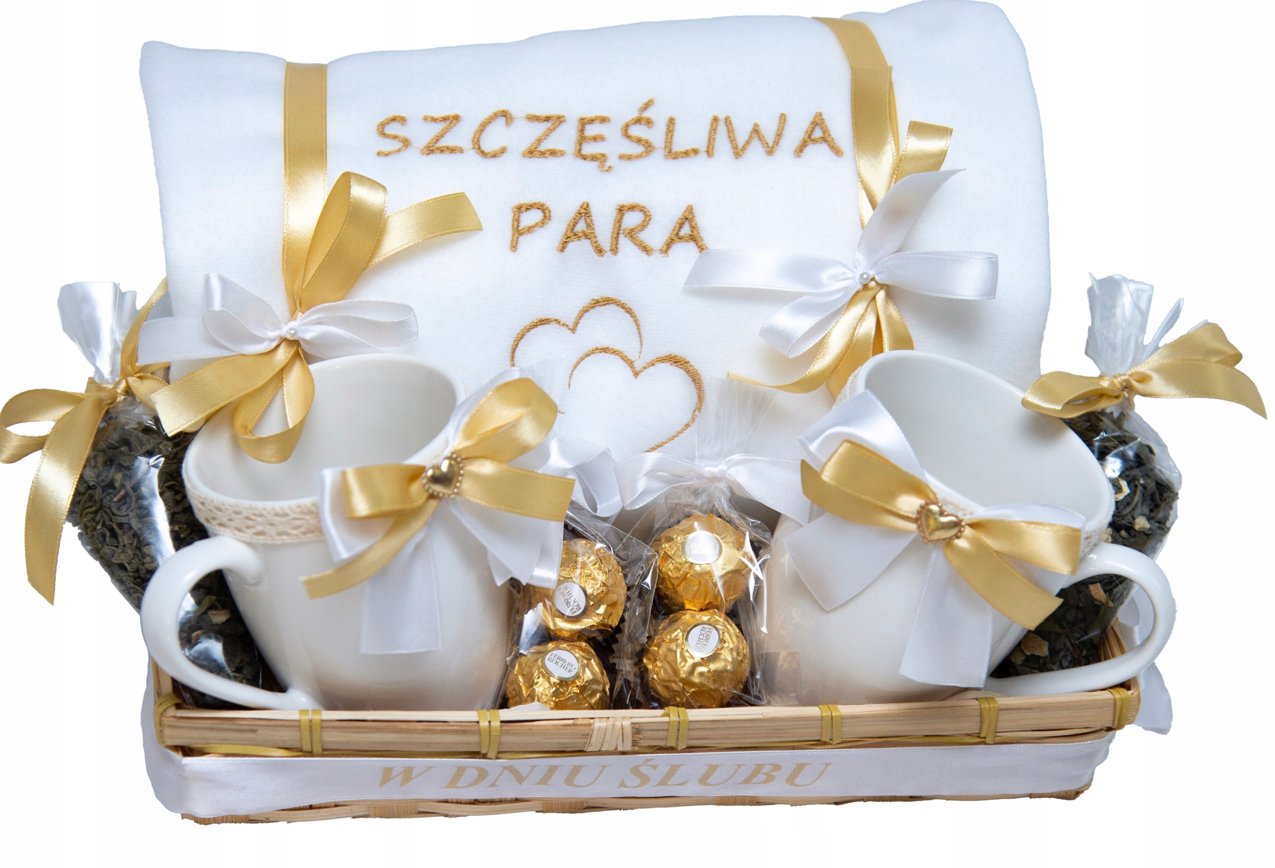 Dla Młodej Pary Nowożeńców Na Ślub Kosz Prezentowy Koc Z Haftem
