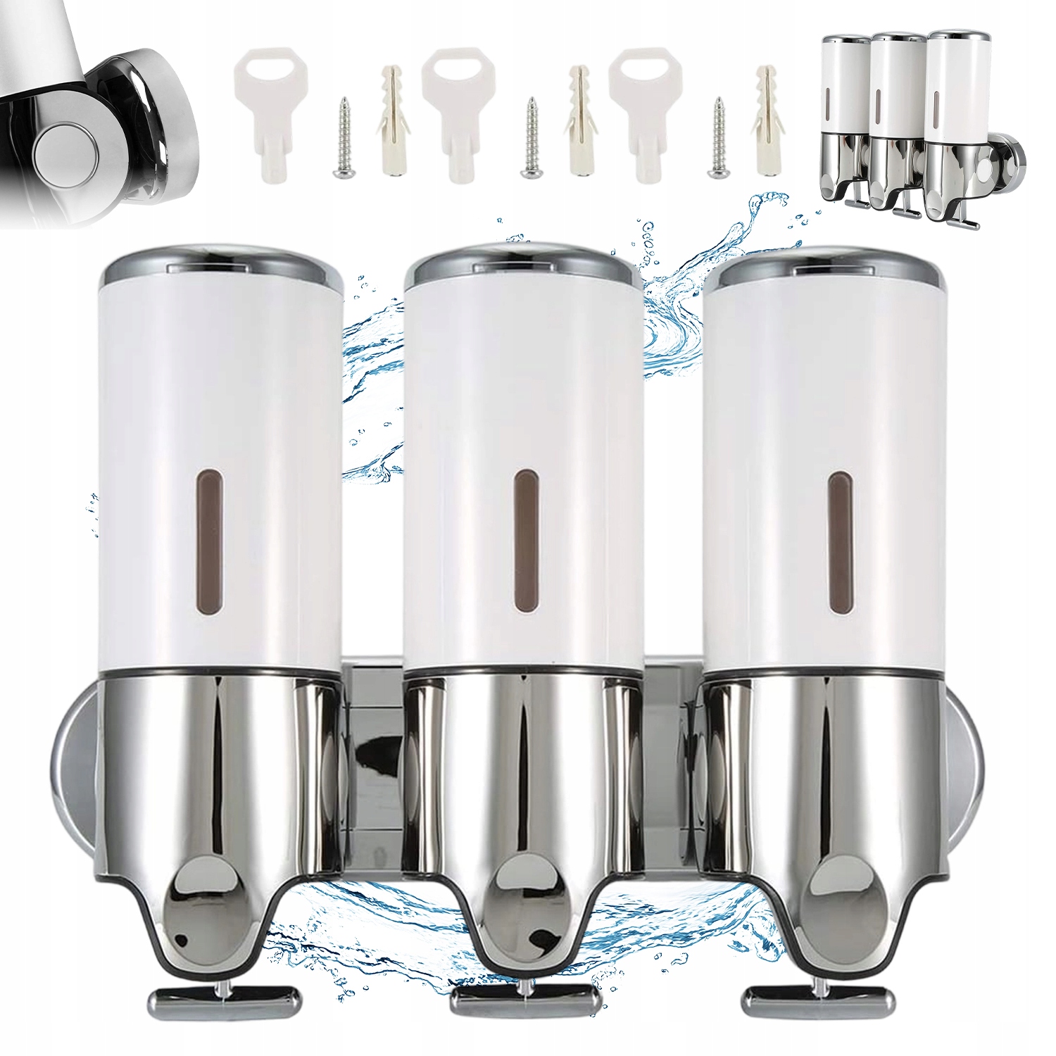 Bílý Dávkovač S 3 Přihrádkami Na Stěnu Pro Dezinfekční Mýdlo A Gelový Šampon