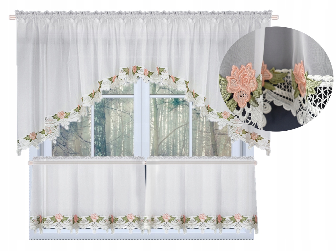 Firanka Gotowa do Kuchni Z Gipiurą Firany Woal na Taśmie Firana Zazdrostka