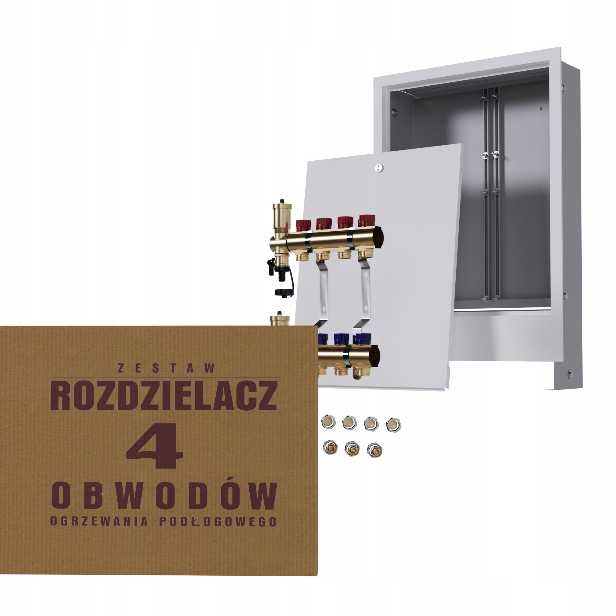 Manuální rozdělovač 4 okruhy pro radiátory podomítková skříňka Pex