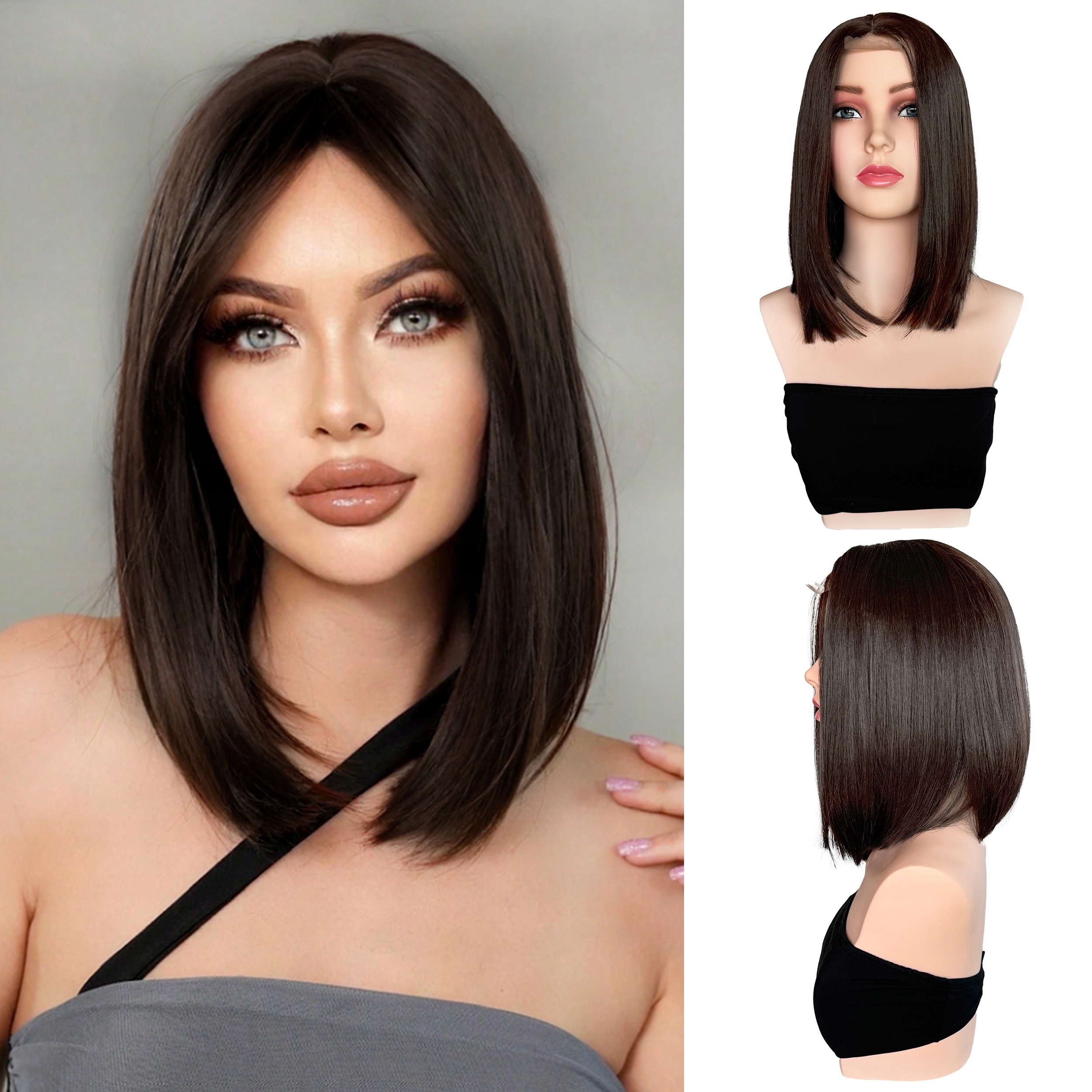 Syntetická paruka s umělými vlasy Bob Hnědá Hladká Krátká účes 35 cm