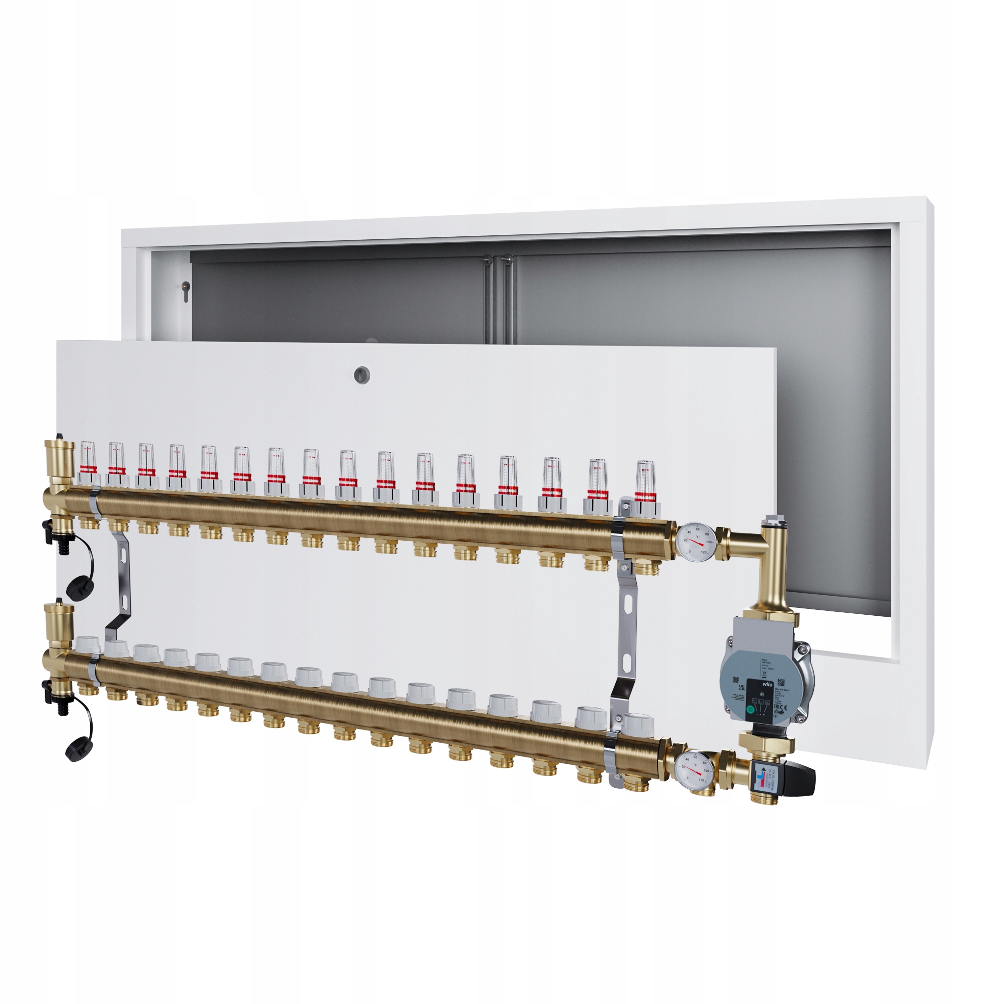 Rozdělovač pro podlahovku 16 s čerpací skupinou Wilo a nástěnným boxem