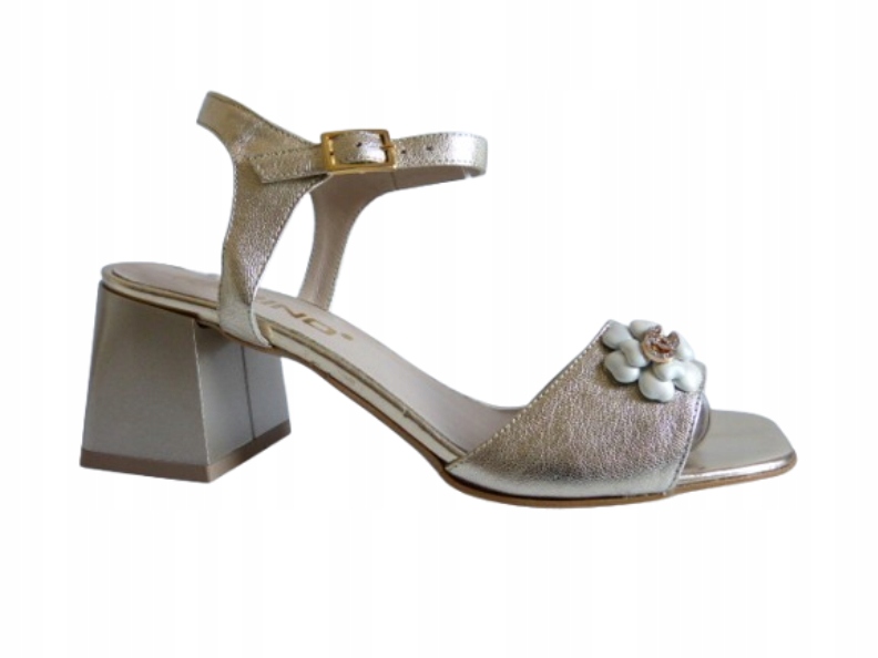 Zlaté sandály na podpatku s krásnými květy, kožené, pohodlné, stabilní Karino 37