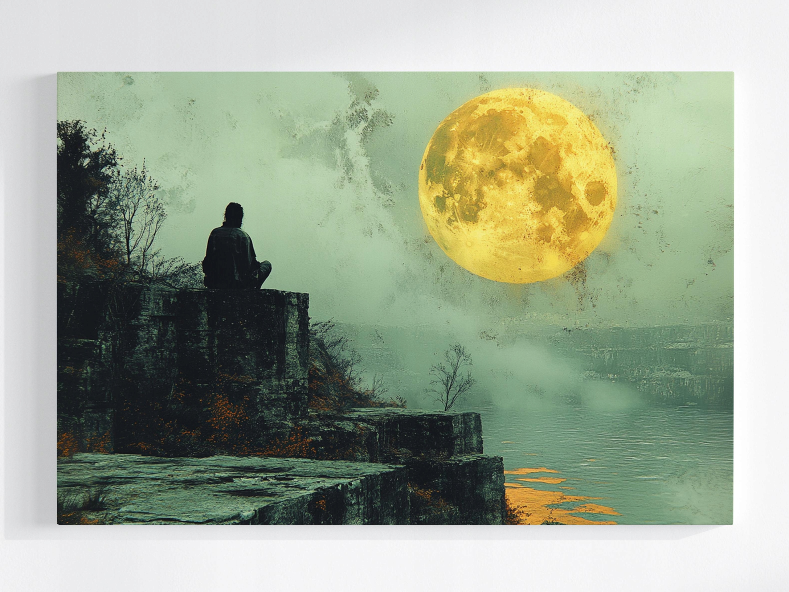 Obraz Na Plátně Canvas Člověk Skály Voda Měsíc Noc Meditace 120x80