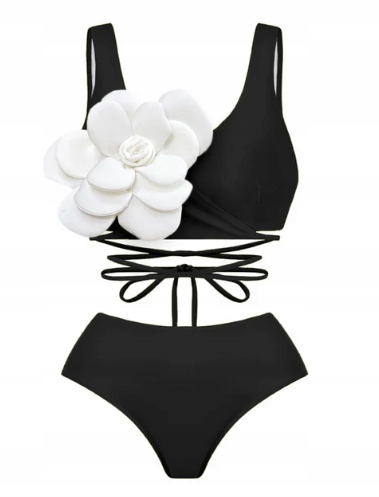 MD černé dvoudílné plavky s bílým květem a volánem S