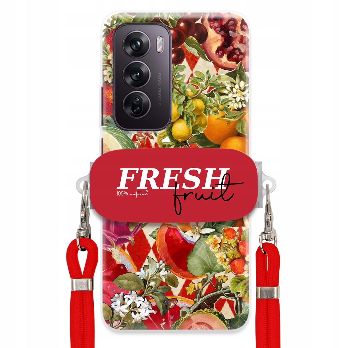 Puzdro pre Oppo Reno 12 Pro 5G Červené Crossbody vodítko držiak Fresh Fruit