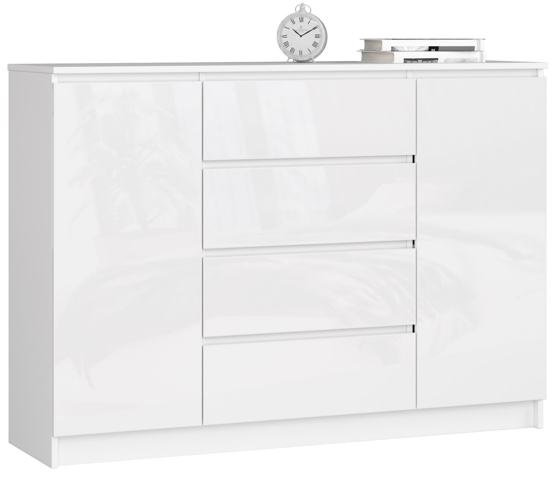 Komoda duża z półkami 140 cm 2 drzwi 4 szuflady pojemna Biała Biały Połysk