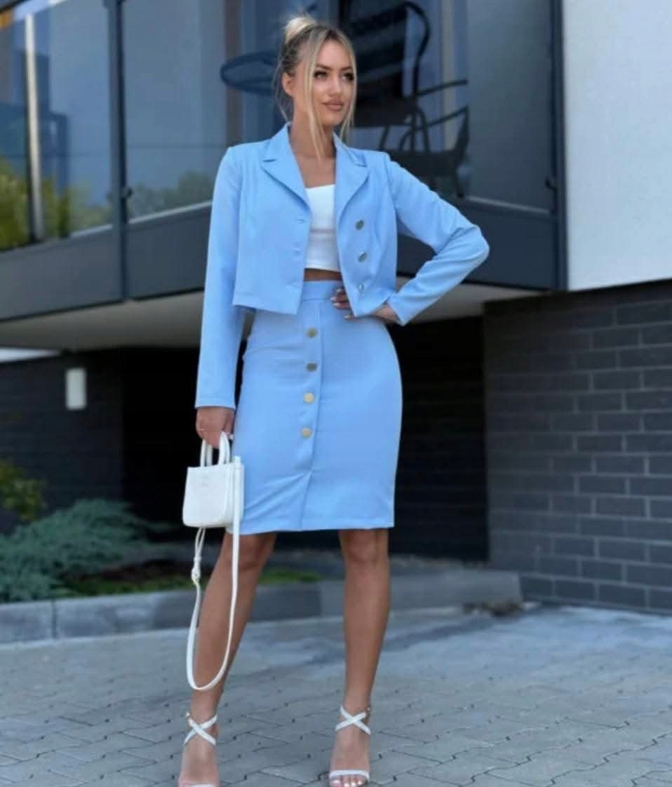 Polský komplet Sako Crop Sukně na přijímání Glamour Světle Modrá S