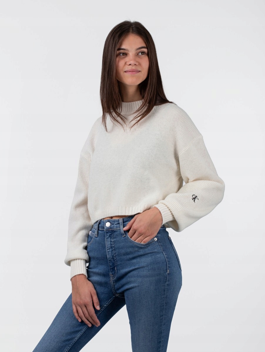 Calvin Klein Jeans Ecru Svetr S Rolákem A Černou Výšivkou, Vlna Xs Xta