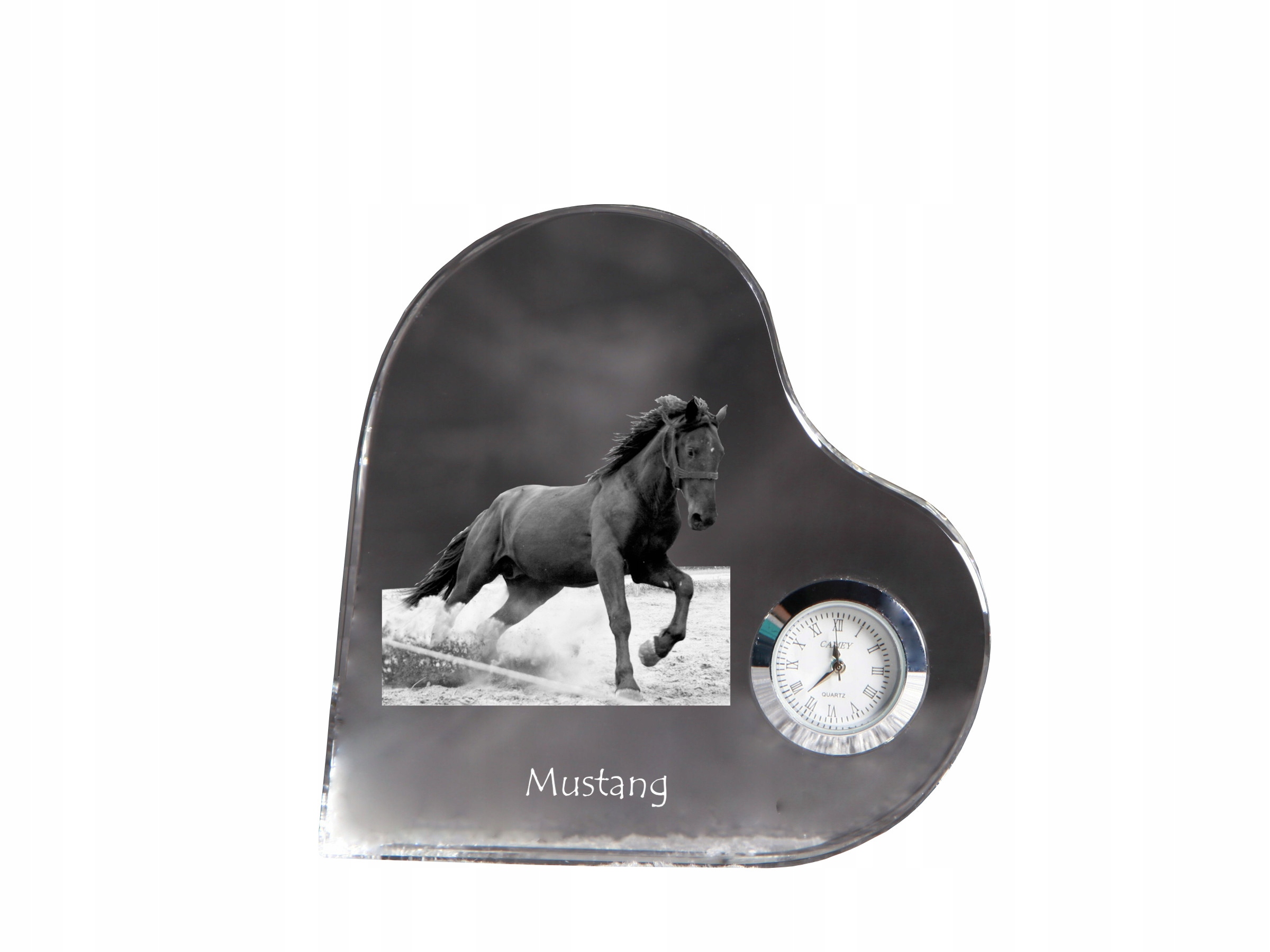 Kôň Mustang krištáľový hodinový strojček v tvare srdca s vašou fotografiou