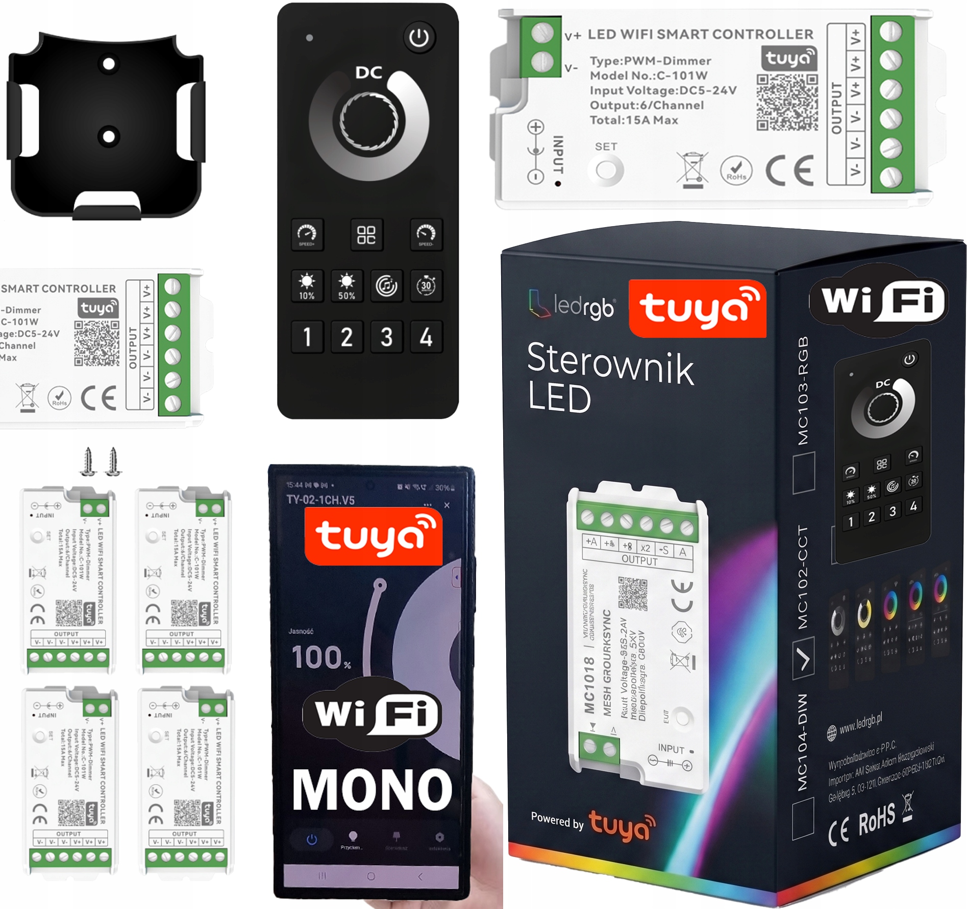 Set 4x Ovladač 1x Dálkový Ovladač Rádiový stmívač pro Led Pásky Cob Mono Wifi