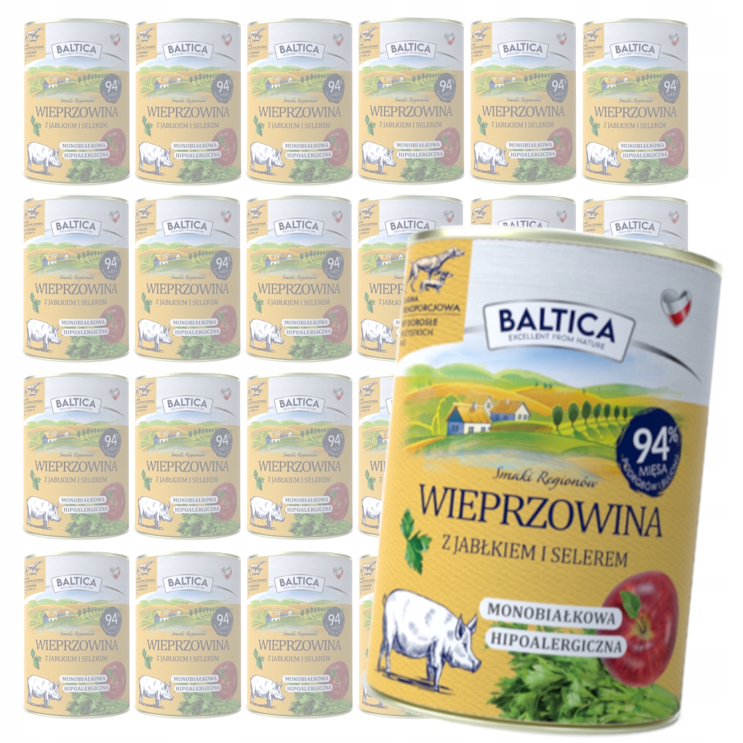 Levně Baltica Vepřové maso s jablkem 24x400 g Hypoalergenní Vlhké Krmivo pro psy
