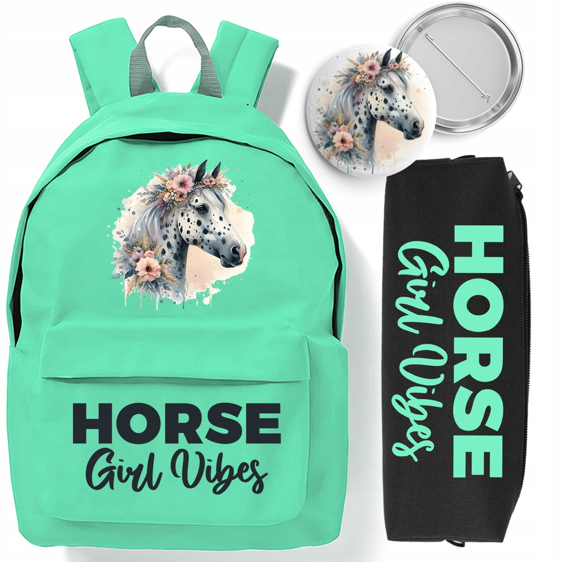 Plecak Miętowy Horse Girl Vibes Piórnik Czarny Przypinka Do Szkoły
