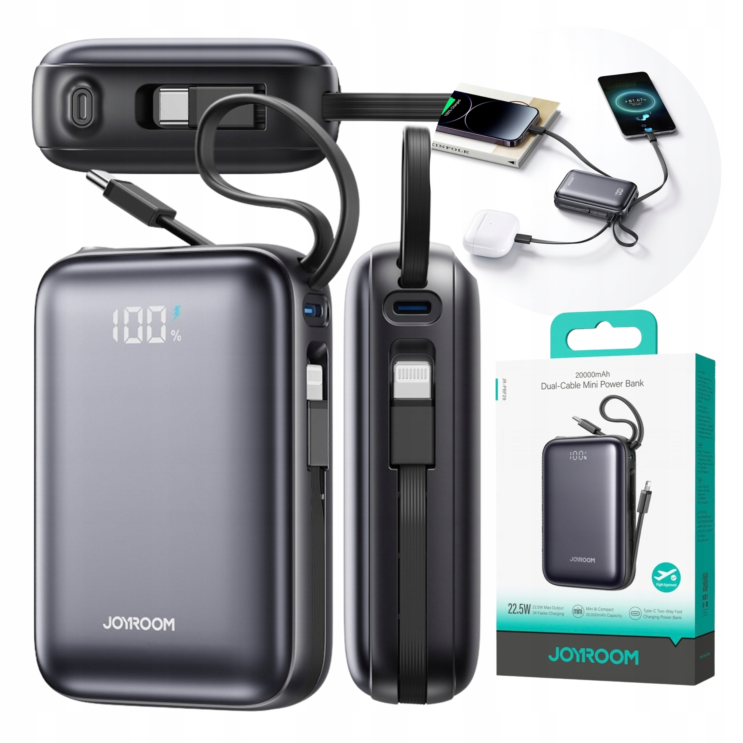 Mini Powerbank 20000 mAh Szybki Power Bank 22.5W Z Kablami Usb-c Lightning