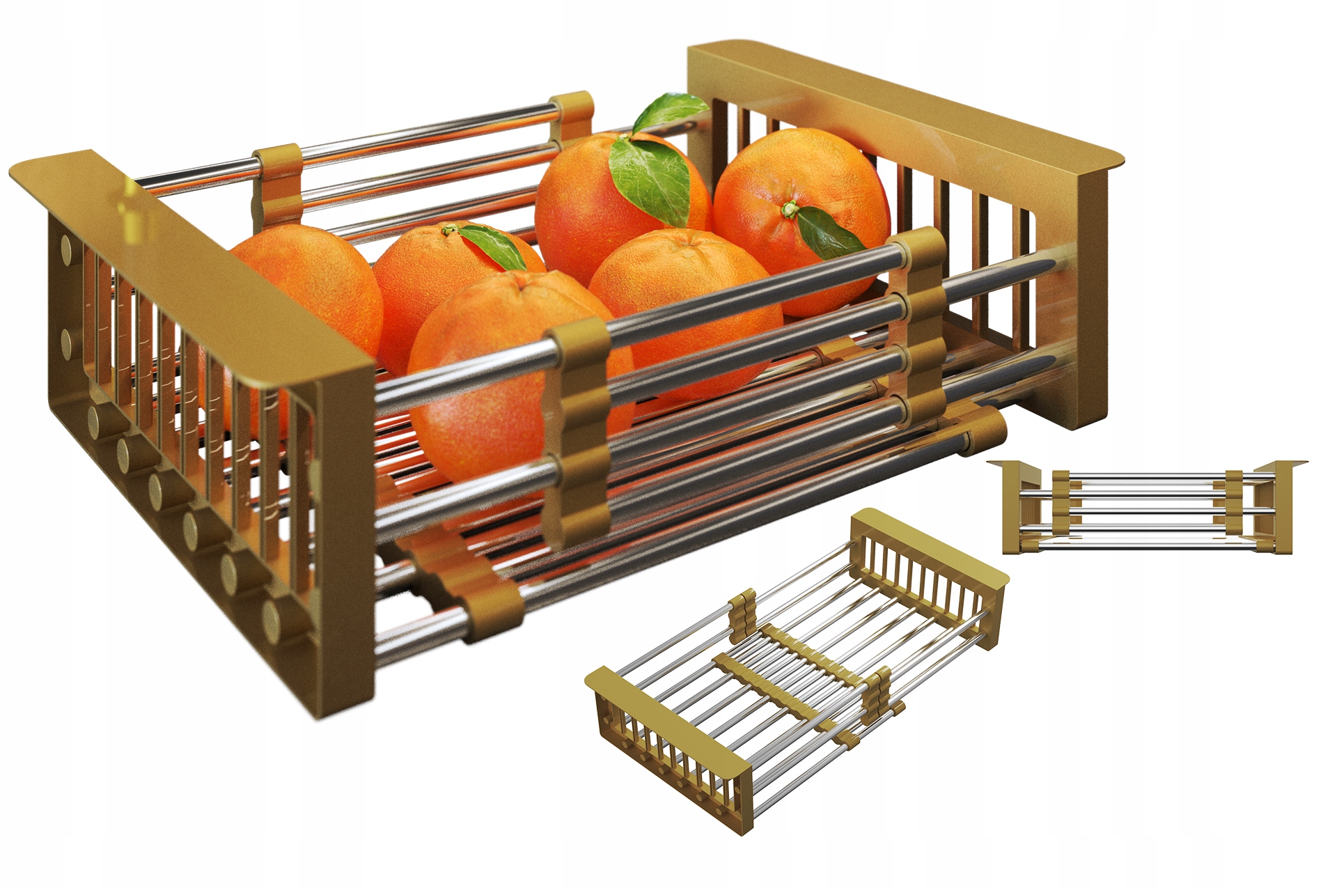 Skládací Košík, Teleskopický Odkapávač, Zlatý, Ocelový, Pro Dřez, Kov