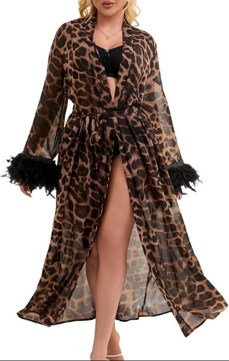 Dámský Dlouhý Župan Pantera Peří Tyl Kimono XL