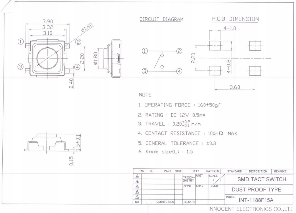 Mikroprzełącznik 3,3x3,3x1,5mm SMD /3514 Kod producenta INT-1188F15A