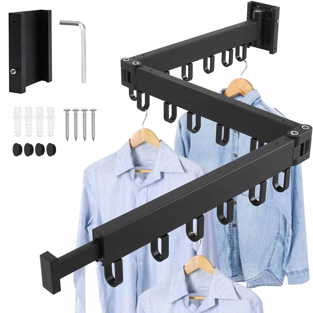 Levně Nástěnný Skládací Věšák 18 Háčků 127 CM, Hliníkový, Černý