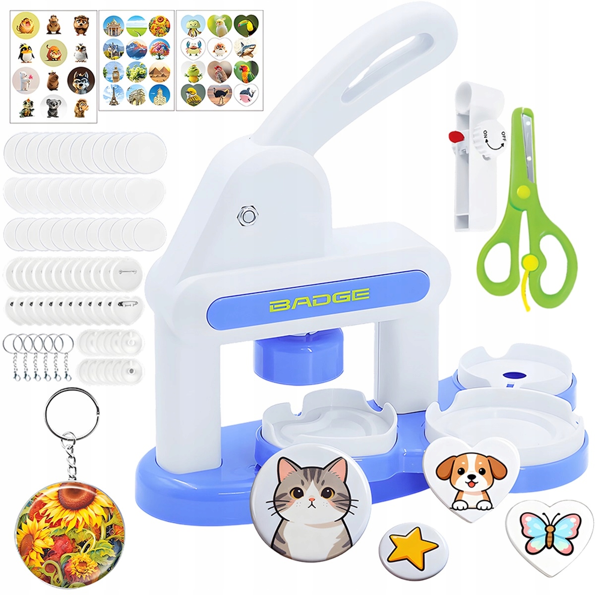 55MM+35MM JEDNORĘCZNA MASZYNA DO ZNACZKÓW Z BRELOCZKAMI I NOŻYCZKAMI